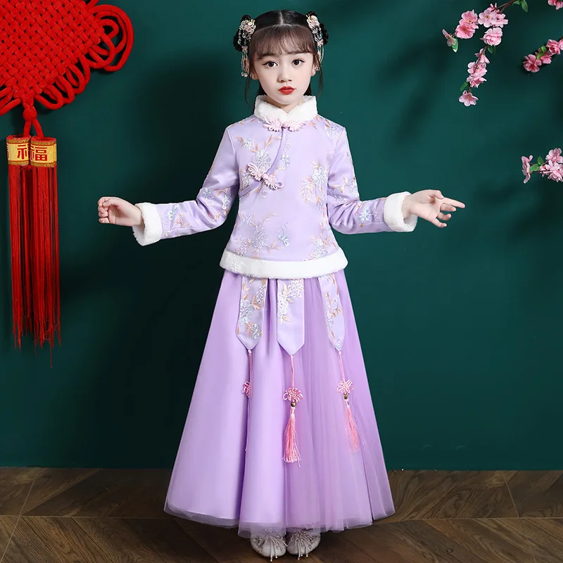 

Winter Girls Cotton-padded Clothes Tang Suit Kids Chinese Lovely Ancient Hanfu Children Embroidery Perform Costumes