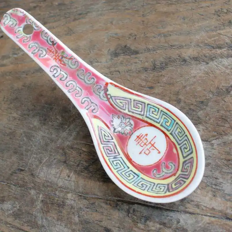 Classical Vintage Pastel Ceramic Spoon Chinese 1970s Longevity Wujiang Asian Soup Spoon Creative Hotel Restaurant Tableware