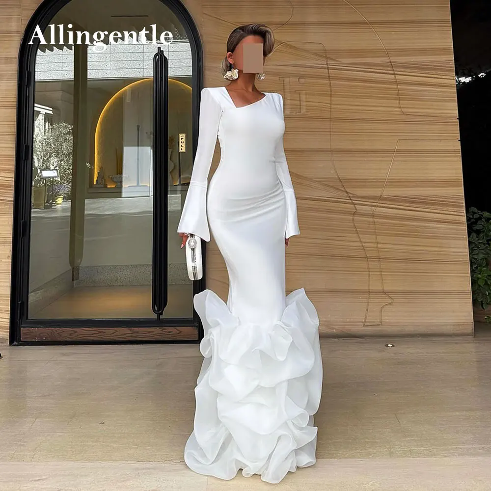 

Современное платье русалки для выпускного вечера с длинными рукавами для женщин, белое мусульманское вечернее платье макси с оборками, торжественное свадебное платье по индивидуальному заказу