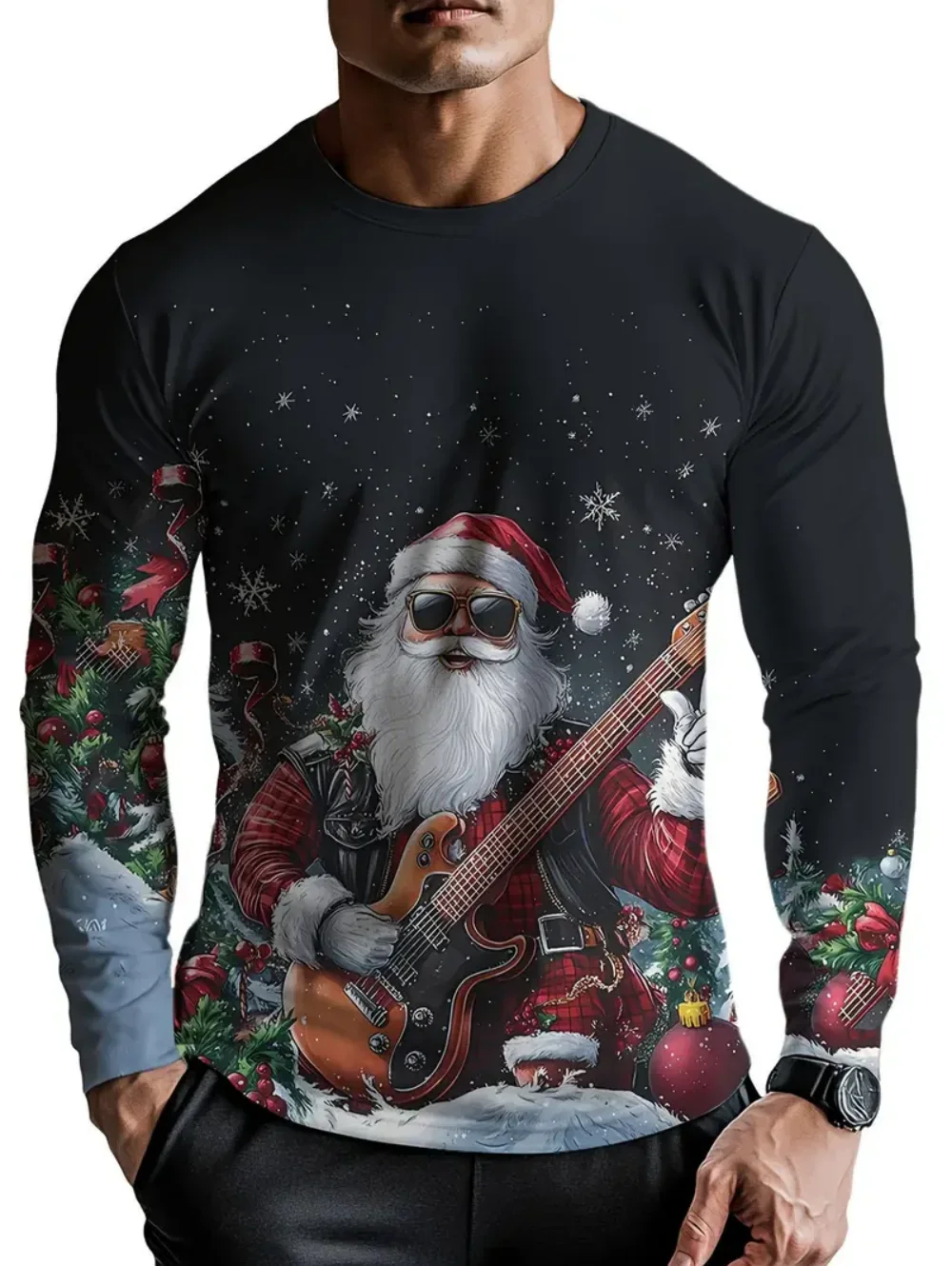 Men Christmas Long Sleeve T‑Shirt Santa Reindeer Penguin Snow Scene Print Crew Neck Fall Winter Holiday Party Tee Tops