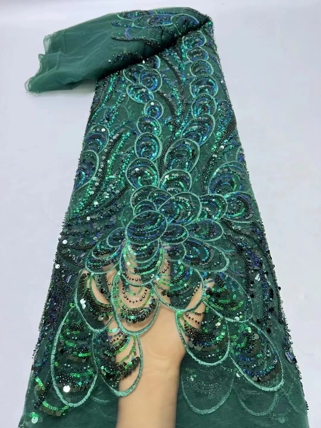 

Green African Lace Fabric 5 Yards 2023 High Quality Elegant Bead Embroidered French Nigerian Sequins Lace Fabric For Wedding