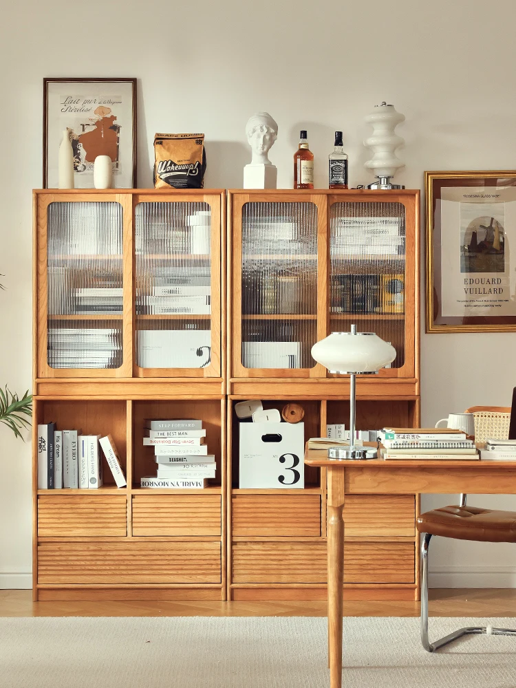 

Solid wood bookcase low bookshelf with glass door shelf floor storage locker Japanese cherry wood combination cabinet