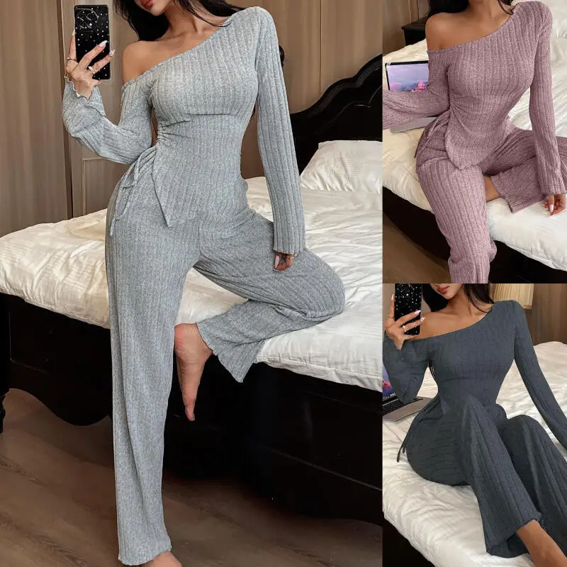 Off Shoulder Casual Outfit Pajamas Set Female Autumn Winter New Sleepwear Loungewear Solid Color Slim Trousers Suit Nightwear