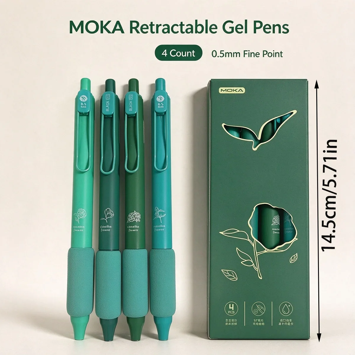 Four telescopic gel pens, green gel pen set, 0.5mm thin black ink, soft and comfortable grip, office and household stationery