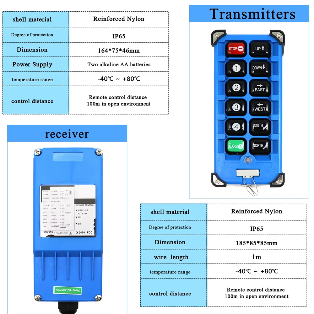 F21-E2B-8 Industrial Remote Controller Switches 6 Channels Keys Direction Button Hoist Crane Truck Radio Remote Control System