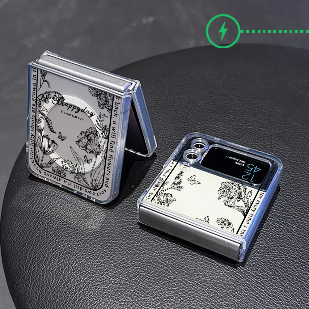 Fashion Ins Flowers Wireless Charge For Magsafe Magnetic Phone Case for Samsung Galaxy Z Flip 6 5 ZFlip 4 3 Flip6 Flip5 5G Cover