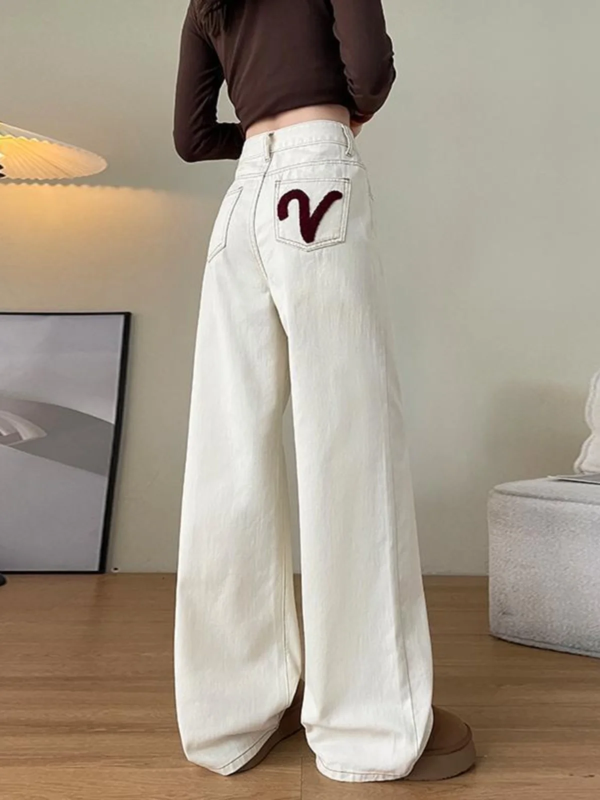 Jeans Larghi a Gamba Larga da Donna, Vita Alta, Slim Fit, Pantaloni Lunghi, Nuovi Pantaloni Casual Beige Primavera Estate