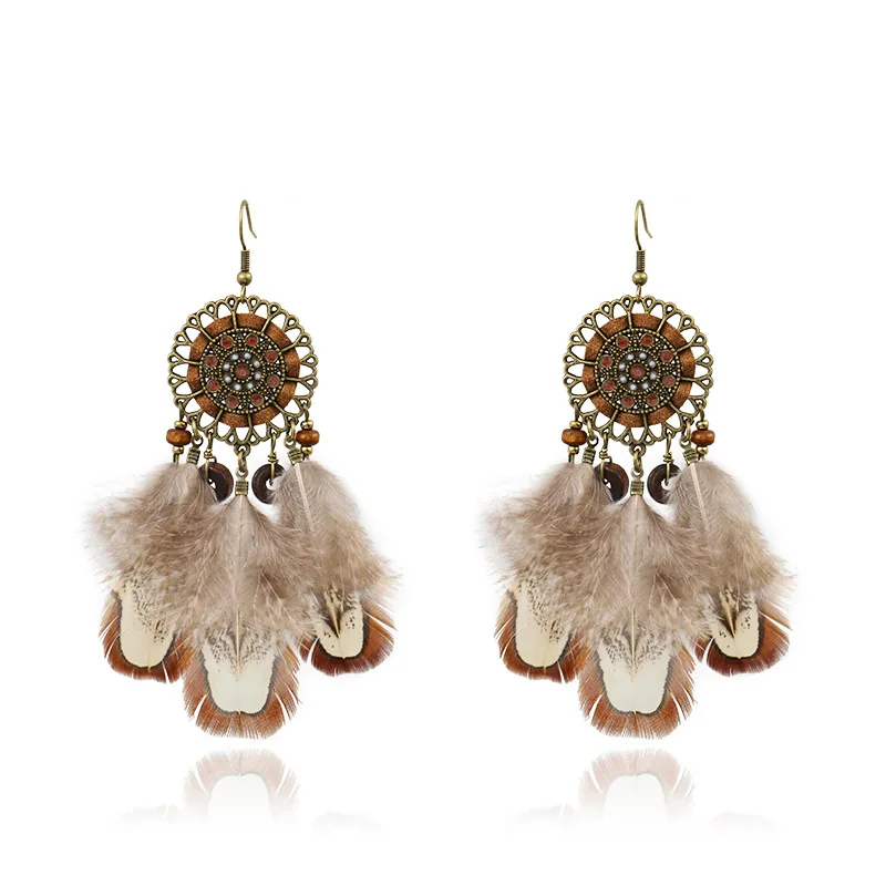 Bohemian Brown Feather Earrings Jewelry Vintage Alloy Hollow Flower Handmade Indian Earrings Female Vintage Jewelry Brincos