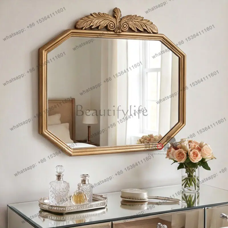 European retro premium vanity mirror wall-mounted living room entrance octagonal carved border vanity mirror