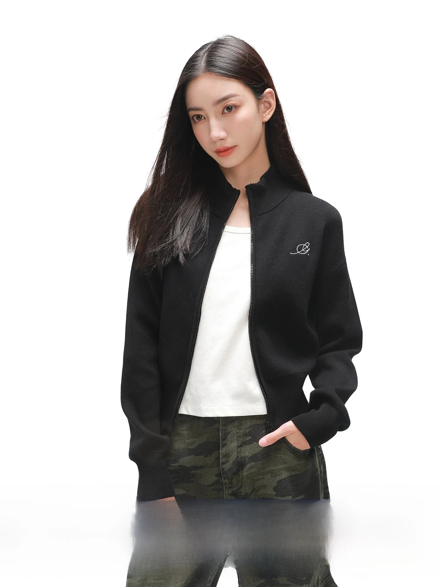 

COIE Women's Long Sve Embroidered Slim Fit Cardigan Stand Collar Waist Cinched Logo Design Soft Cotton Knitwear Coat