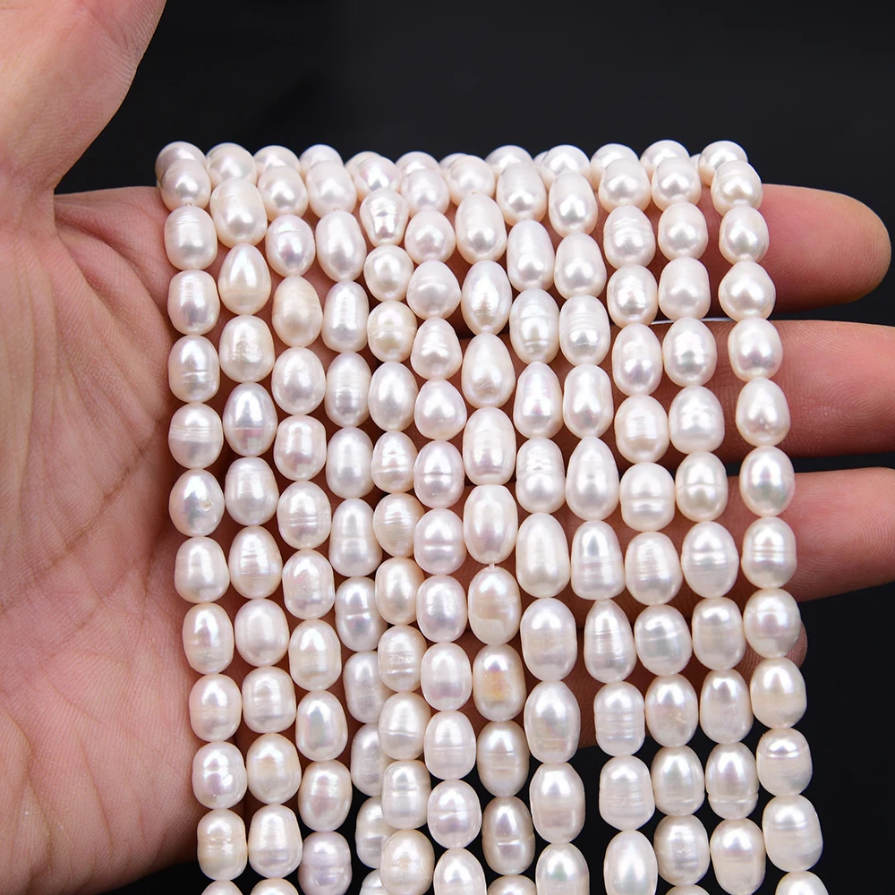 APDGG 5 Strands 7x9mm Freshwater Cultured White Rice Pearl Loose Beads 14'' Strands Handmade Jewelry Making DIY