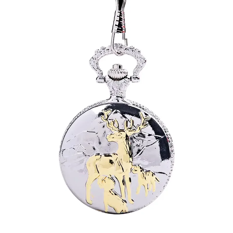 Reloj de bolsillo Vintage grande y grueso con relieve de tres alces para madre e hijo, bonito reloj de bolsillo clásico con leche potable de ciervo