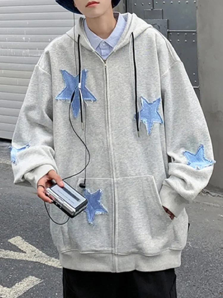 Men's Star Patch Zip Up Hoodie for Men Oversized Y2k Sweatshirt Jacket E-Girl 90s Pullover Streetwear