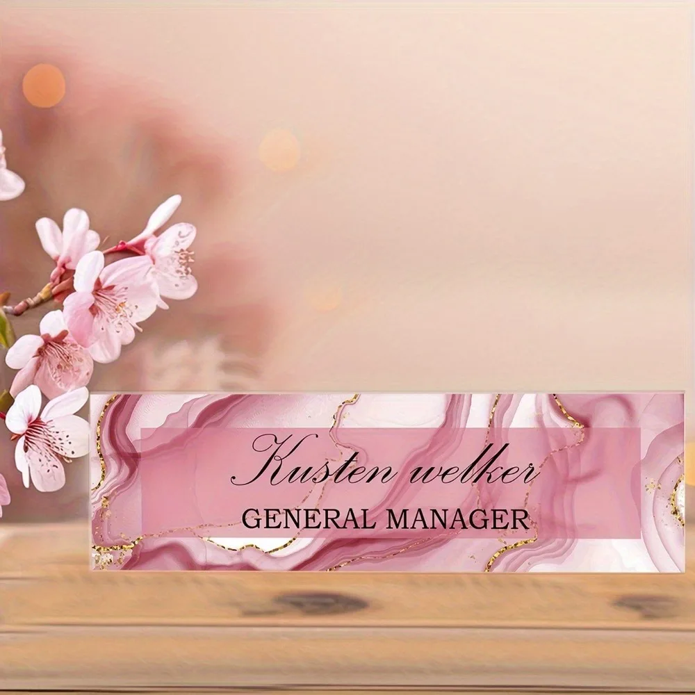 Personalized 2D Flat Acrylic Office Name Plate, Custom Pink Gold Marble Decor Sign, Gift for Teachers Nurses Employees Colleague