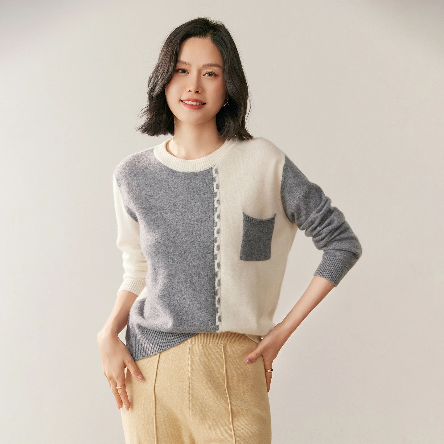 Women's 100% cashmere sweater casual color blocked knit pullover Tops loose round neck base Blouse warm Jumper pocket splicing