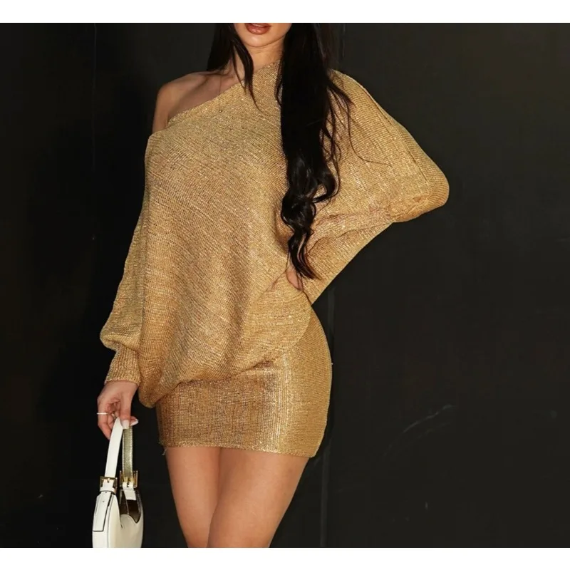 Sukienka damska z długim rękawem, dekoltem ukośnym i brązowaniem, nowość na wiosnę 2026