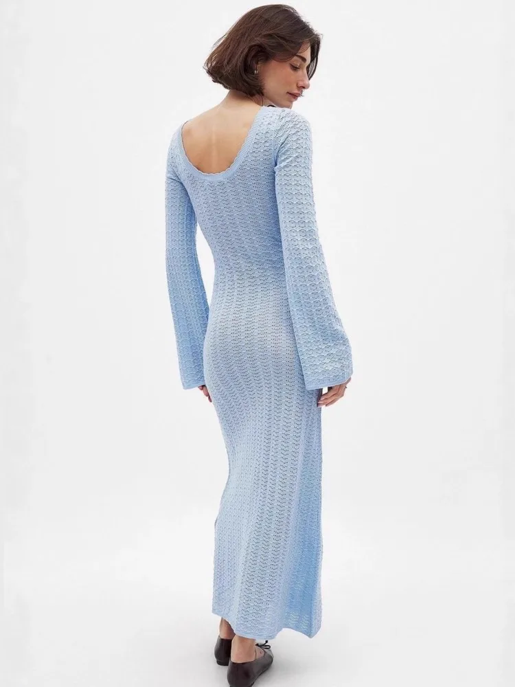 Robe de plage longue en tricot pour femmes, Sexy, ajourée, col rond, manches longues, Cover-Up pour Bikini, dos nu, robe de vacances, été, 2026