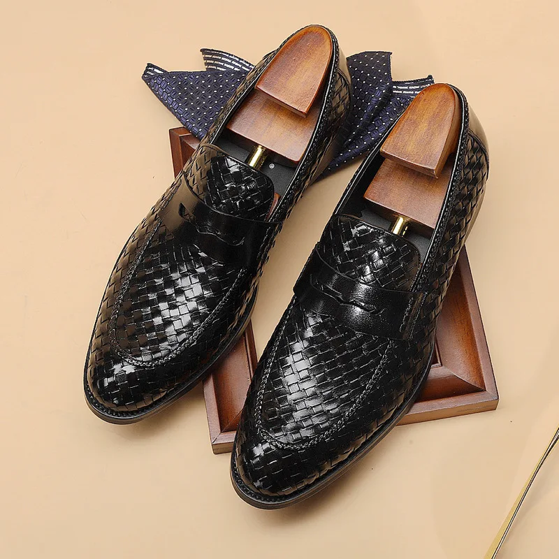 

Men's Genuine Leather Causal Shoes Handmade Woven Business Dress British Style Breathable Leather Cowhide Braided Shoes for Men