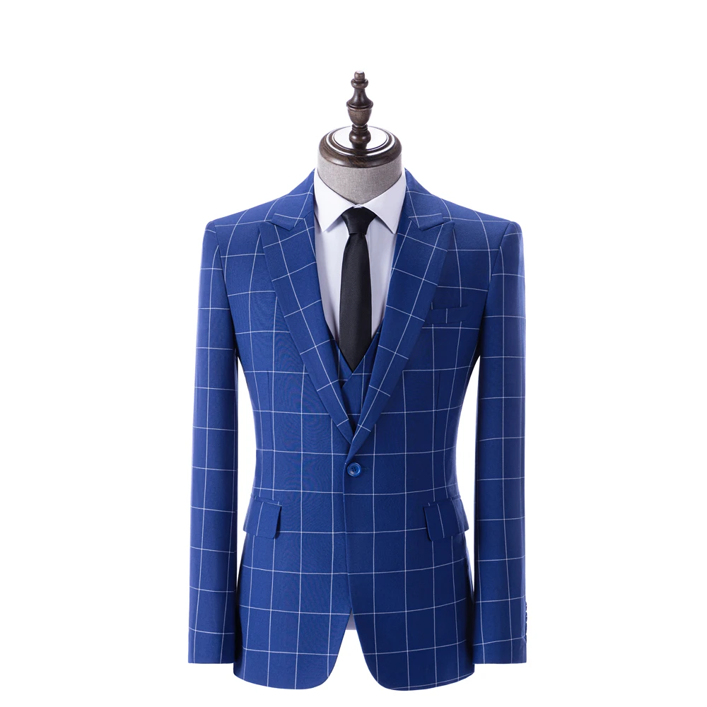 

Men Suit Plaid Classic Business Tuxedo 3 Pieces Wedding Suits Set Fashion Men Peaked Lapel Groomsmen Blazer Pants Vest