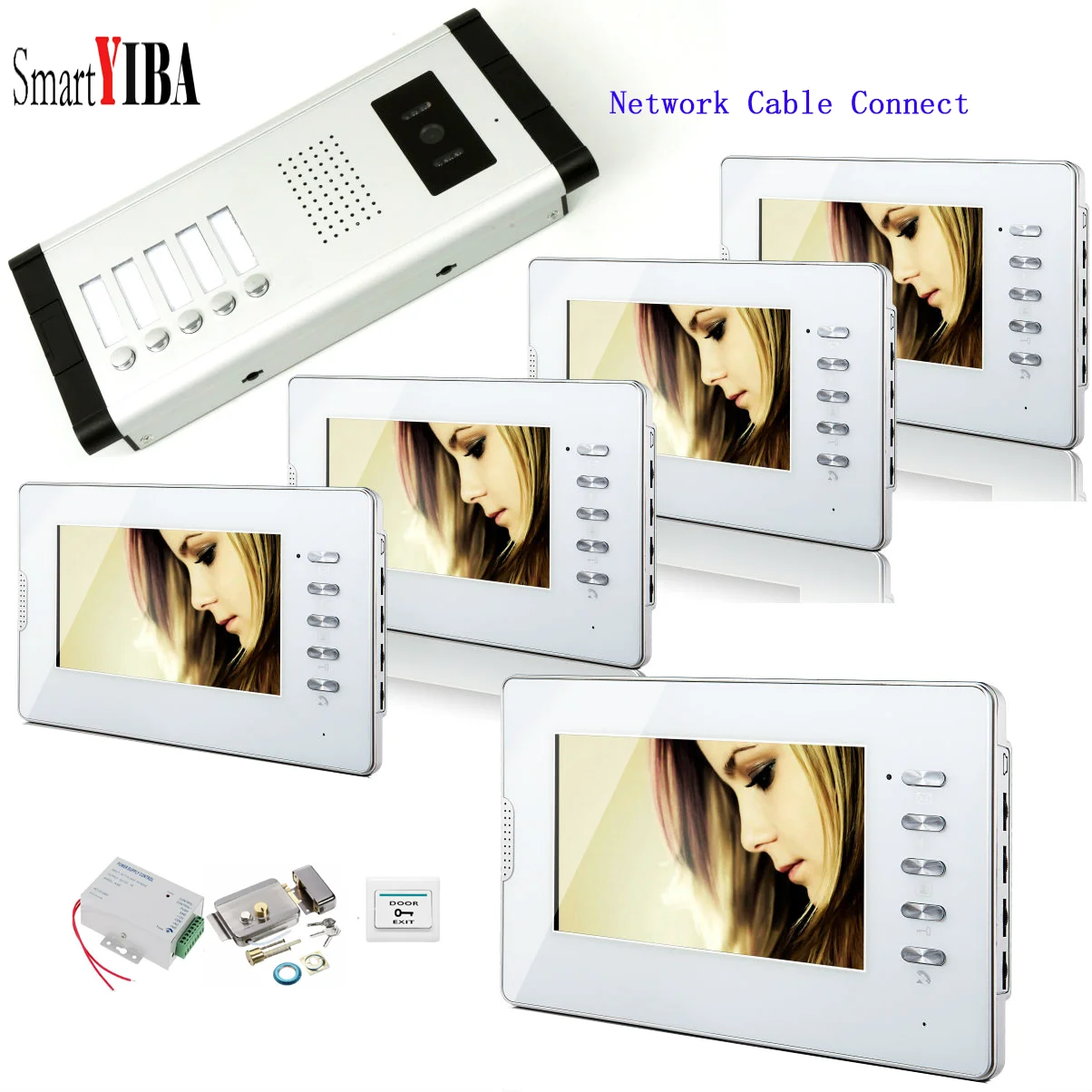 

7"Video Intercom+Electric Lock Network Cable Port Doorphone With 5 Buttons Video Call for Apartment Security Doorbell System