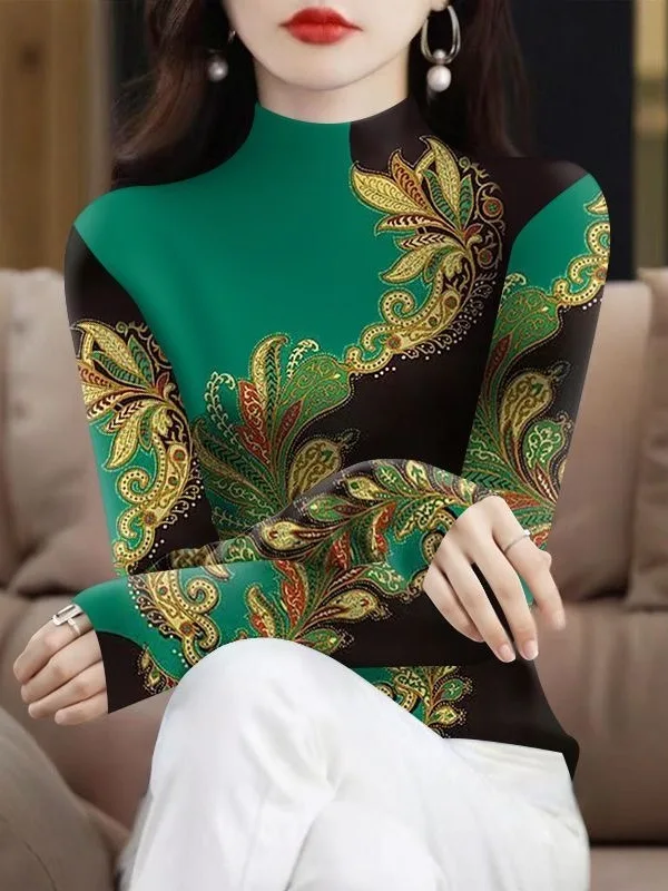 

Thickened Fleece Long Sleeve Printed Base Shirt High Neck Women's Casual Style Polyester Fiber Warm Top for Middle-Aged And E...