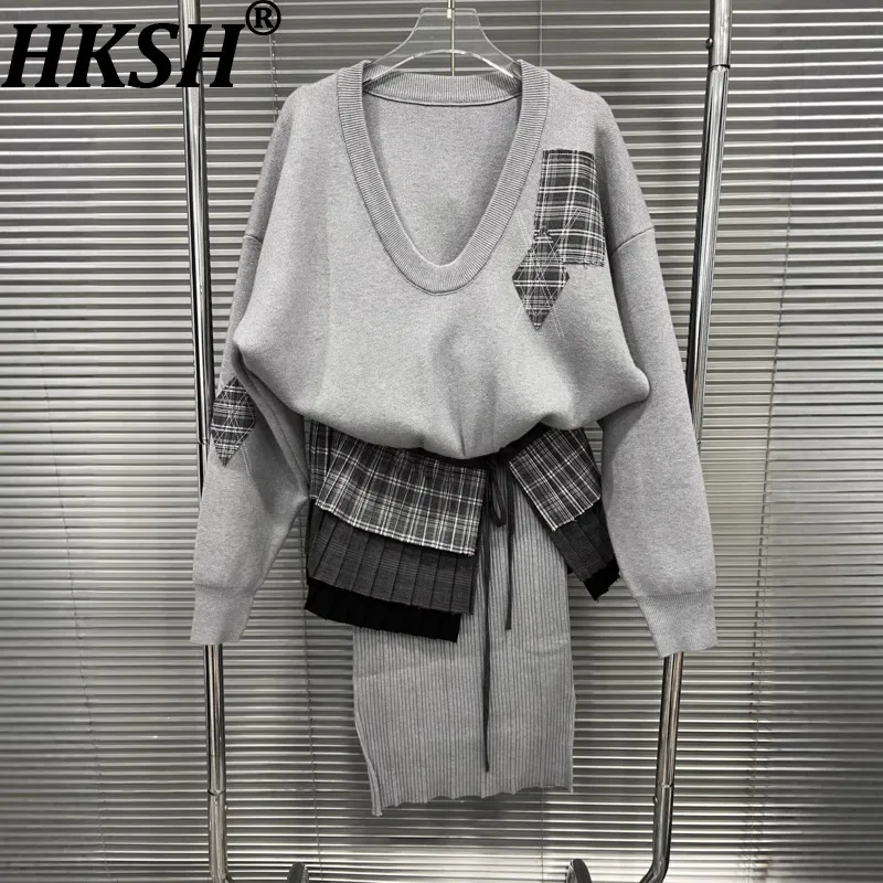 

HKSH 2026, весенне-осеннее новое женское платье с v-образным вырезом в клетку, с нашивками, затягивающим поясом на талии, модные элегантные платья HK18353