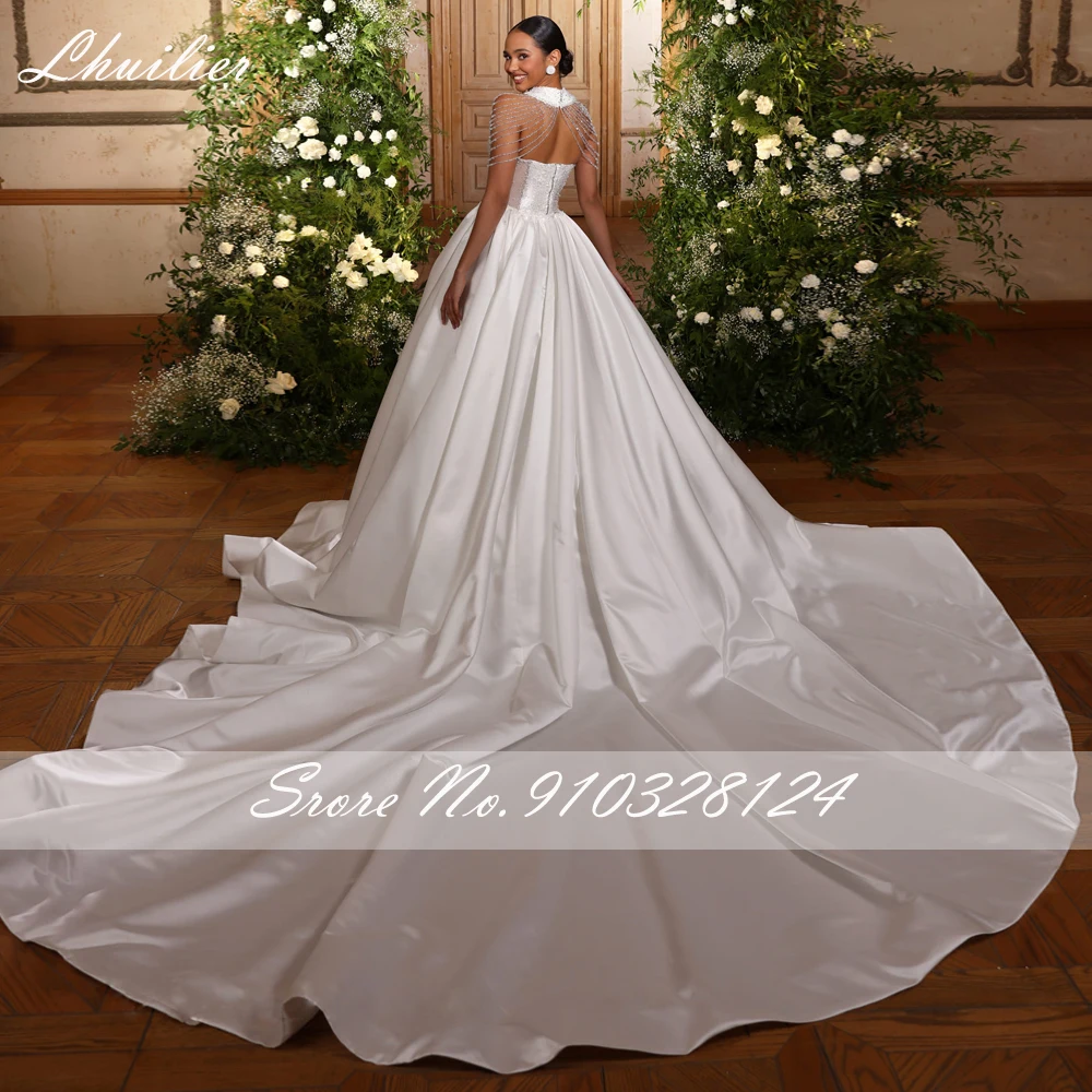 Lhuilier Customized A Line Strapless Satin Wedding Dresses Illusion Beaded Bridal Gowns with Cathedral Train