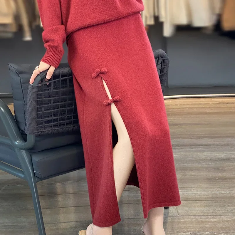 

Chinese Knitted Split Skirt for Women 100% Pure Cashmere Long High-Waist A-Line Style for Spring And Autumn with Buckle Trend