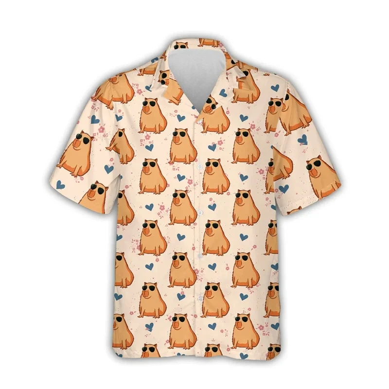 Fashionable Kawaii Capybara men's Patterned Shirt 3D Printed Hawaiian Beach Shirt Short Sleeved Y2k Cute men's Shirt Lapel Shirt