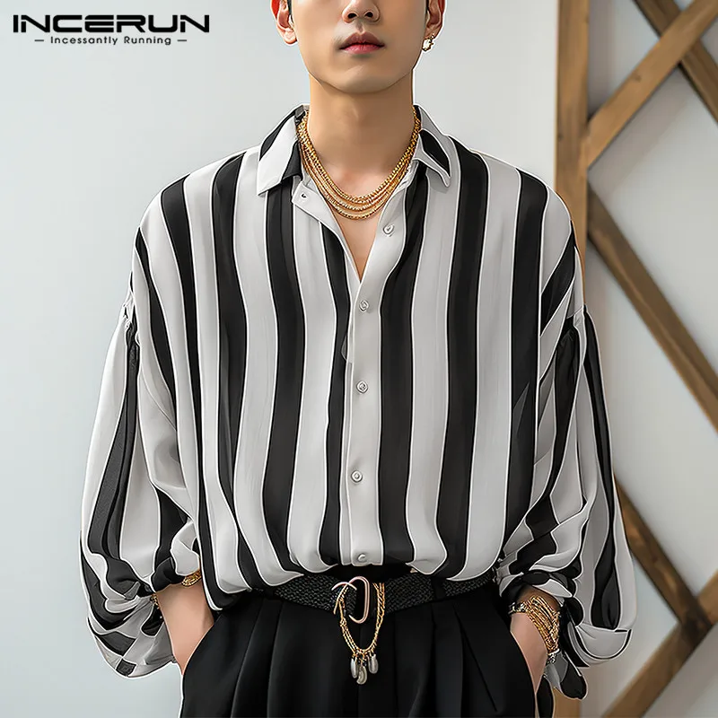 INCERUN Tops 2024 Korean Style Men Personality Vertical Striped Bishop Sleeve Shirts Casual Streetwear Long Sleeved Blouse S-5XL