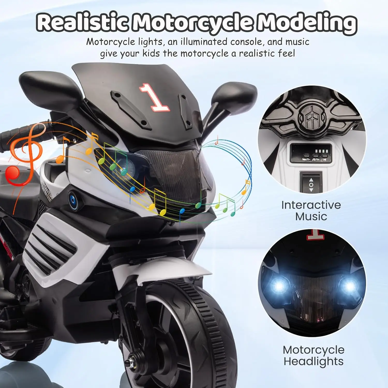 Kids Ride On Motorcycle, 6V Electric Motorcycle, w/Horn, Headlight, Music, Training Wheels, Ride On Toys for Kids Boys Girls