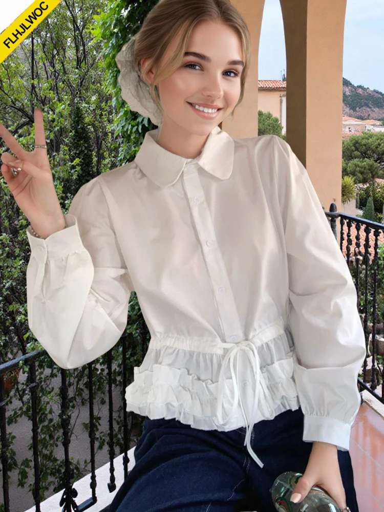 

Shirring Slim Waist Peplum Tops Blouses New Design 2025 Spring Summer Women Cute Sweet Japan Girls Solid White Short Shirts