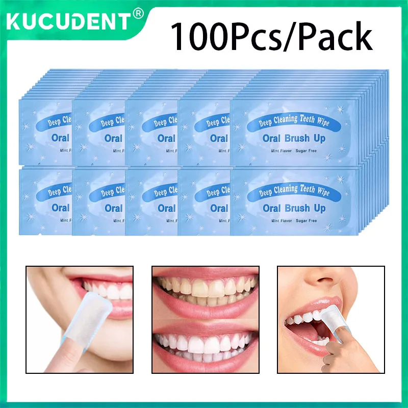 

100pcs Dental Whitening Finger Teeth Wipes Deep Tooth Cleaning Disposable Travel Woven Cloth Mint Flavor Oral Hygiene Care Tool