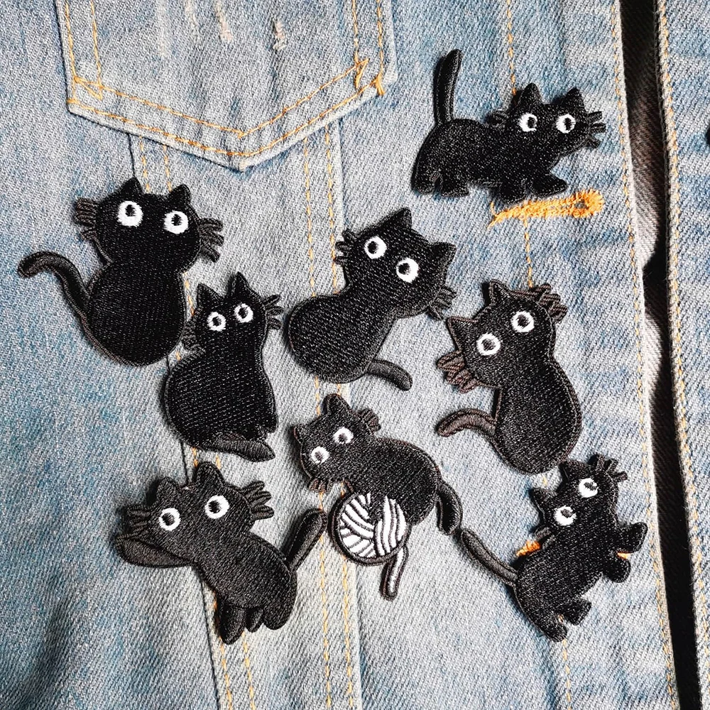 9 Stück Cartoon-Stoffaufnäher mit schwarzer Katze, zum Aufnähen, DIY-Kleidungszubehör, Schuhe und Hüte, Zubehör – Detail 1