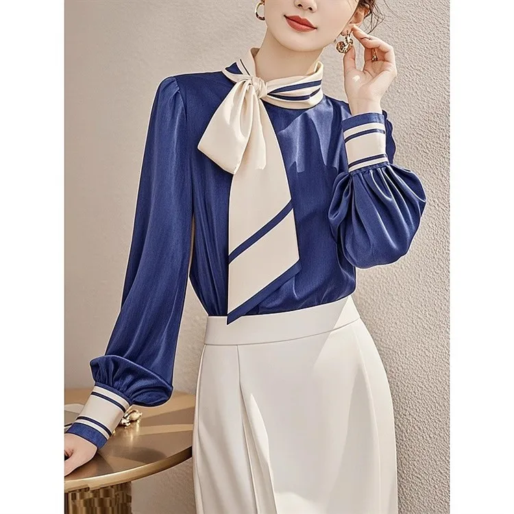 Women Office Shirts High Quality Long Sleeve With Bows Sashes Party Tunic Tops Vintage Printed Spliced Long Blouse Shirts NZ224
