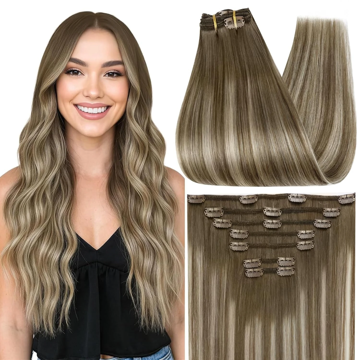 Full Shine Clip on Human Natural Hair Extensions 7 Pcs Weave Clip in Remy Straight Hair for Long and Volume