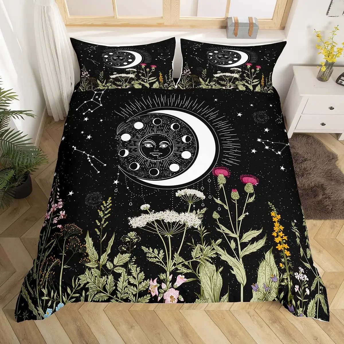 Sun Moon King Queen Duvet Cover Stars Space Psychedelic Bedding Set Galaxy Sky Quilt Cover Botanical Polyester Comforter Cover