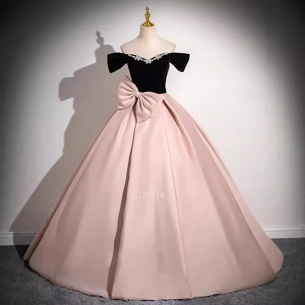 

Pink Customizable Evening Long Dress for Women Elegant Princess Style Detachable Sleeves Bow Banquet Ball Gown Formal Dresses