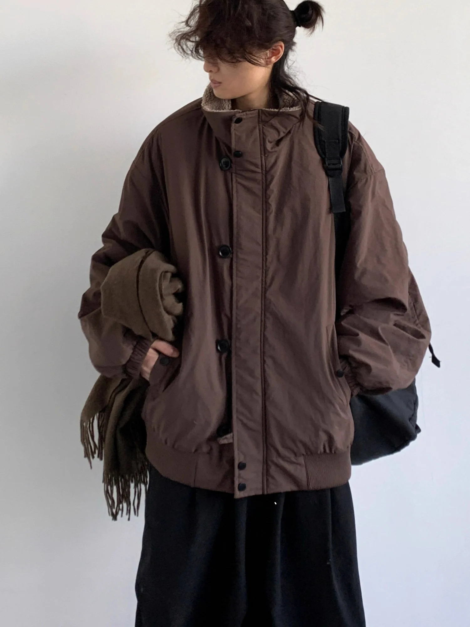 

Ретро японский Sle Thiened Lamb Fur Cotton Jaet с воротником-стойкой, теплое для мужчин и женщин, зимнее пальто для ленивой школы