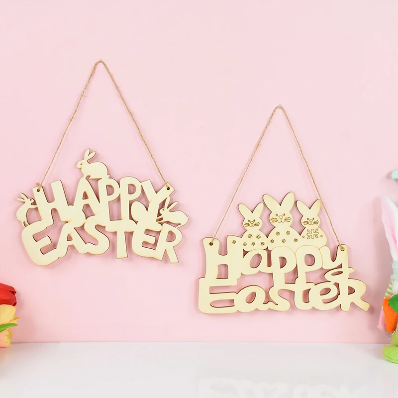 

2 Shape DIY Happy Easter Decor Bunny Door Hanging Wooden Plaque Sign Easter Egg Rabbit Pendant Wood Craft For Home Easter Wreath