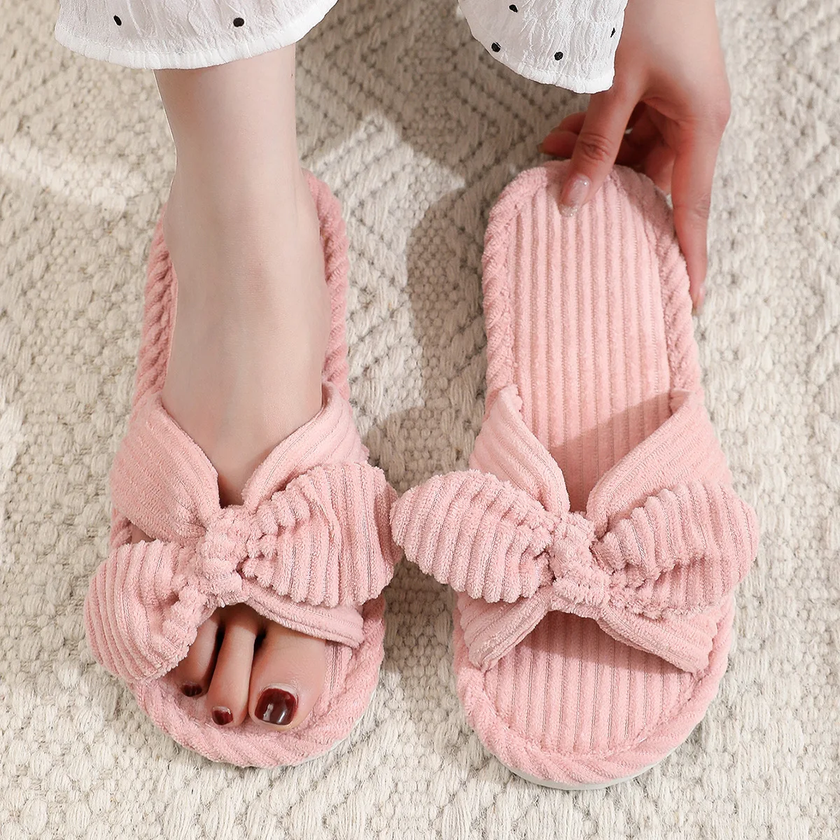 Women Bow Knot Home Slippers Autumn Winter Corduroy Flip Flops Indoor Warm Solid Color EVA Anti Slip Living Room Shoes