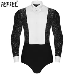 Men's Shiny Latin Ballet Dance Shirt Leotard Long Sleeve Ballroom Samba Salsa Performance Costume Rumba Bodysuit with Bowtie