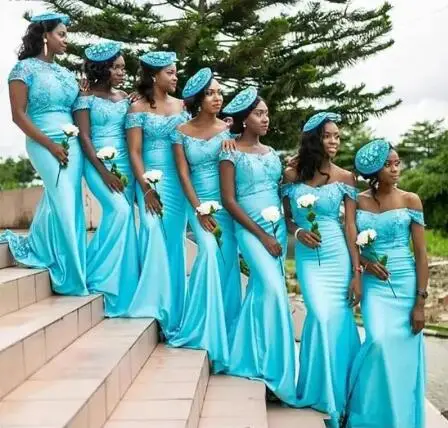 

Light Blue Mermaid Bridesmaid Dresses 2022 Sexy Off Shoulder African Women Formal Party Dress Long Formal Wedding Guest Gowns