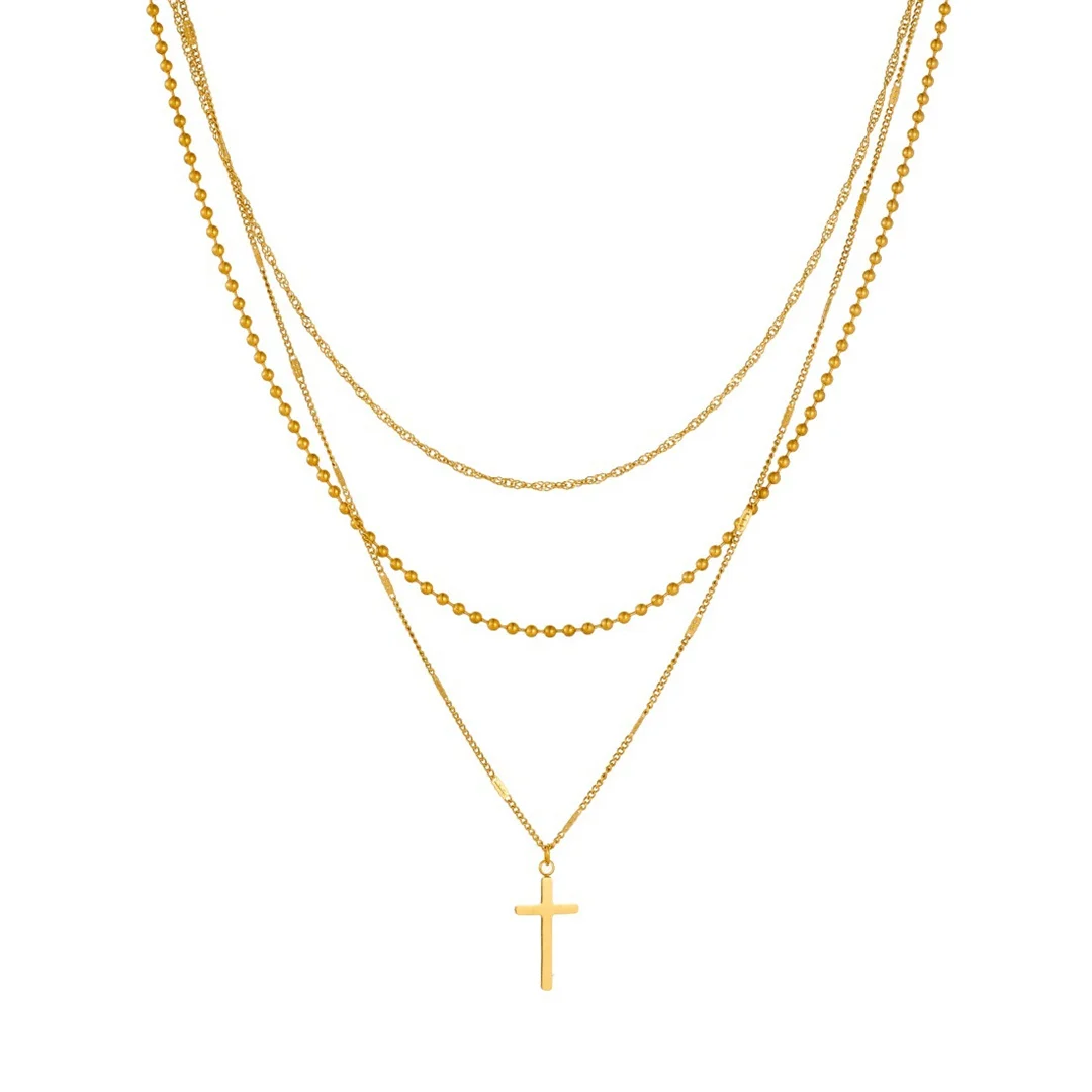 

Punk Fashion Cross Charm Pendant Female Gold Color Stainless Steel Three Layers Curb Bead Chain Link Necklace for Women Jewelry
