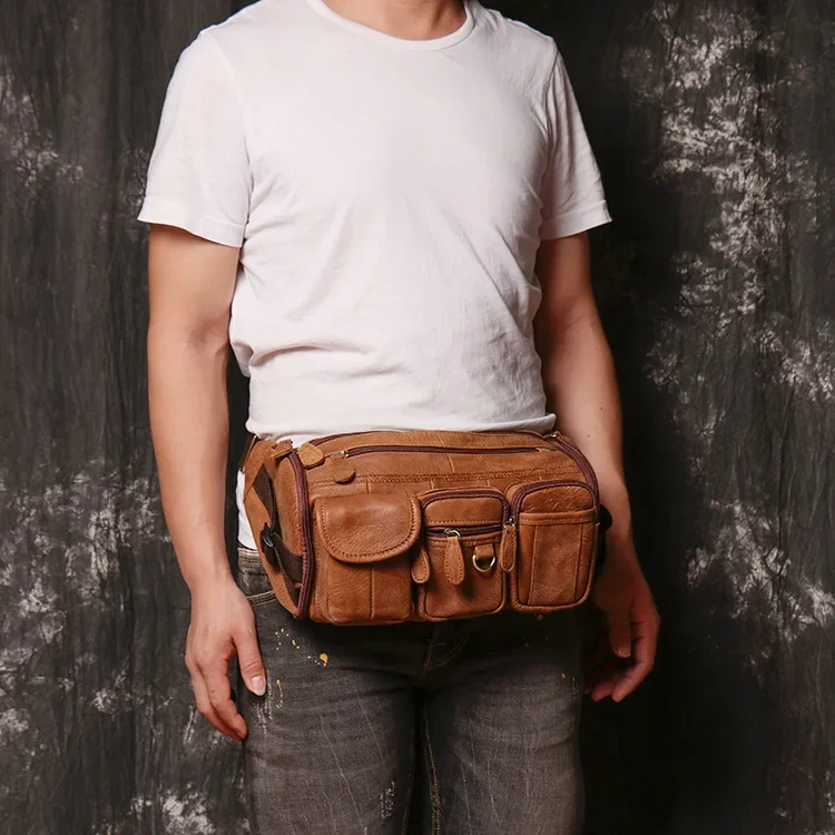 Men's Leather Chest Bag Women's Leather Waist Pack Outdoor Sports Shoulder Bag Multi-functional Crossbody Bag