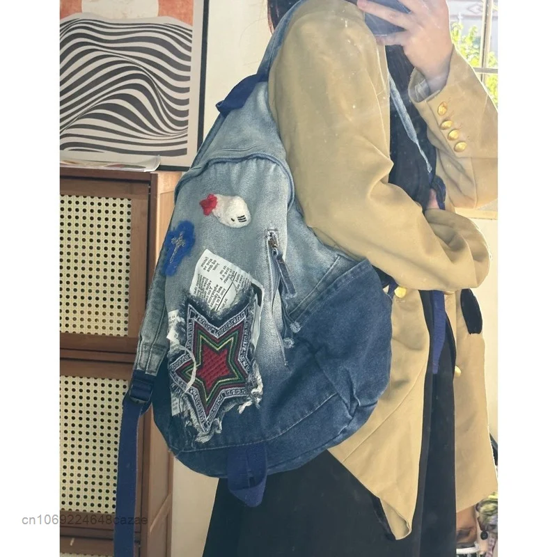 Sanrio Hello Kitty New Denim Bags Women Men Hip Hop Style Fashion Backpacks Y2k Student Schoolbag Luxury Commuter Shoulder Bag