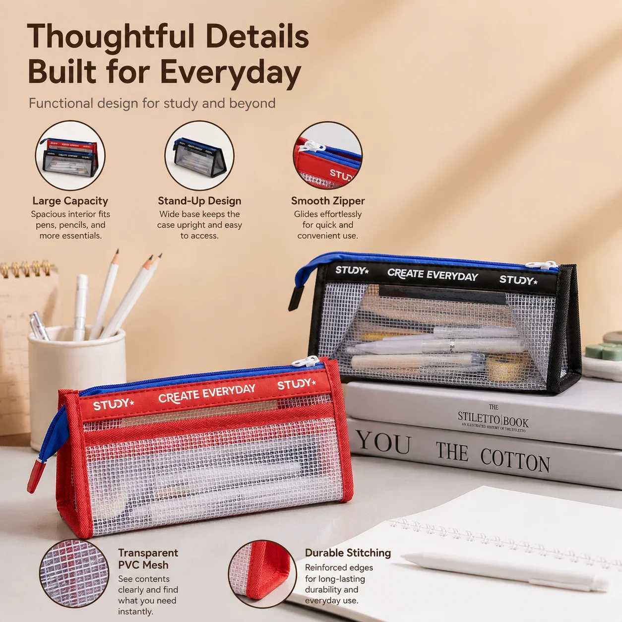 Large Capacity Transparent Pencil Case Visible Dirt-resistant Pen Bag Multiple Layers Portable Stationery Organizer