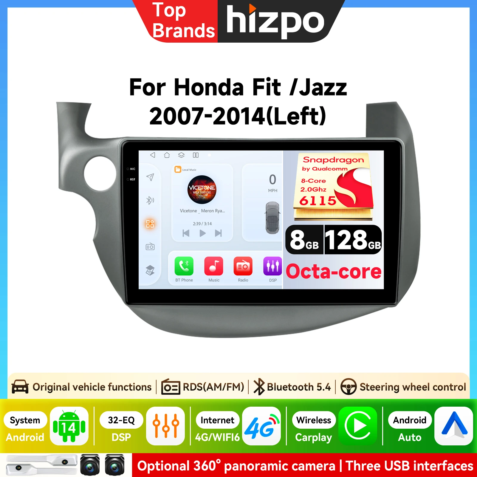 Autoradio Android 2Din con Telecamera AI 360° per HONDA FIT JAZZ 2007-2013, Lettore Multimediale, Navigazione GPS, RDS, 4G, Carplay