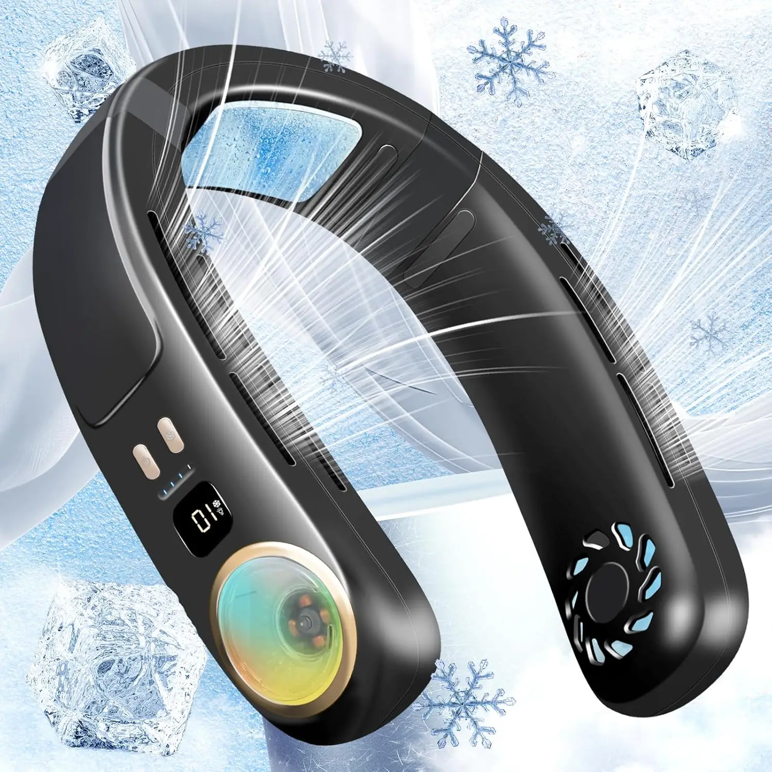 

Портативный шейный вентилятор, безлопастные охлаждающие вентиляторы без рук, портативный персональный кондиционер, 3-скоростной светодиодный дисплей, красочные фонари