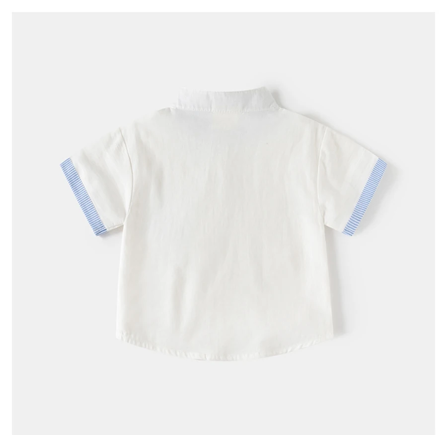 2026 Summer 2T-6T Korean Childrens Clothing Blue and White Striped Pattern Shirt for Boys kids Stand Collar Shirt